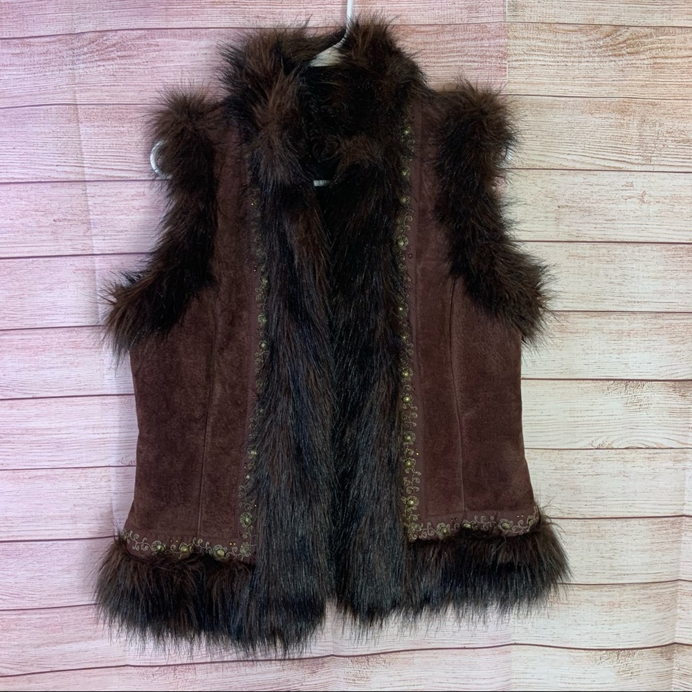 Live A‎ Little Brown Leather Suede Faux Fur Vest L